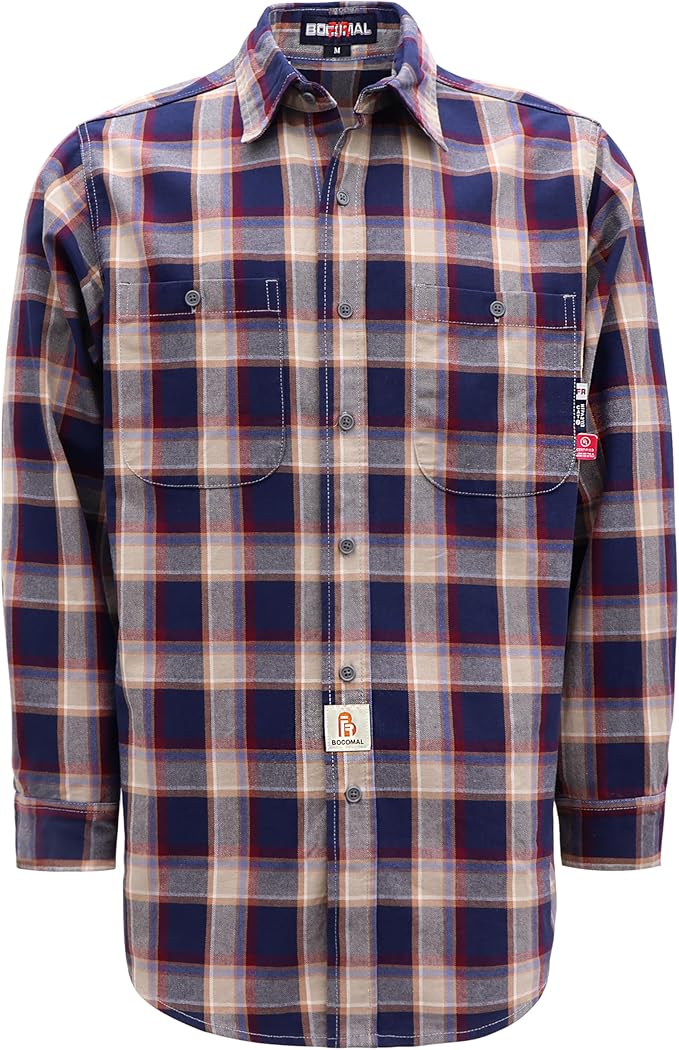 BOCOMAL FR Shirts Flame Resistant 100% C NFPA2112 7.5oz Men's Fire Retardant Welding Shirt