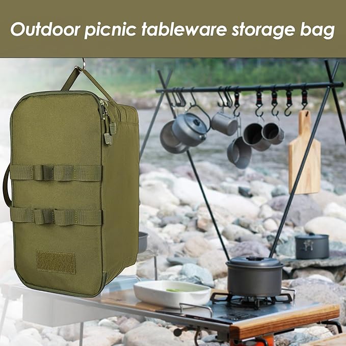 Camping Storage Bag, Utility Tote Bag for Camping Cookware Organizer, Trunk Organizer with Shoulder Strap,Outdoor Garden Tool Bag for Camping, Travel, Picnic, Garage Trunk(Army Green)