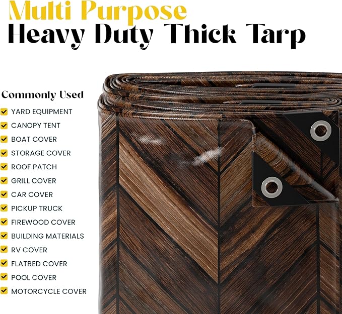 Core Tarps Extreme Heavy Duty 20 Mil Tarp Cover, Waterproof, UV Resistant, Rip and Tear Proof, Poly Tarpaulin with Reinforced Edges for Roof, Camping, Patio, Pool, Boat (Brown Wood/Black 30′ X 50′)