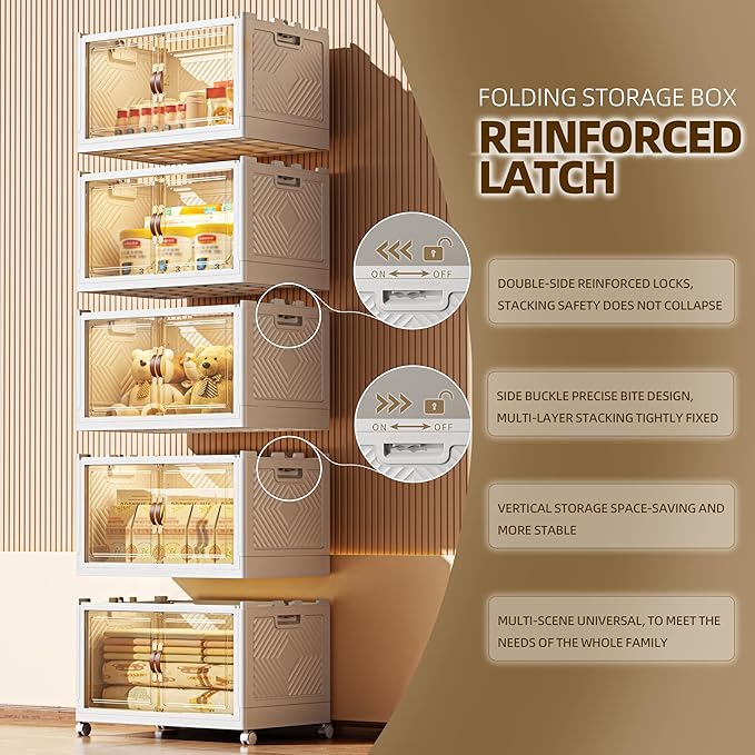 520 QT / 130 Gal Stackable Collapsible Storage Bins with Magnetic Doors & Wheels - Space-Saving Plastic Organizer Cabinet for Closet, Office, Home (White)