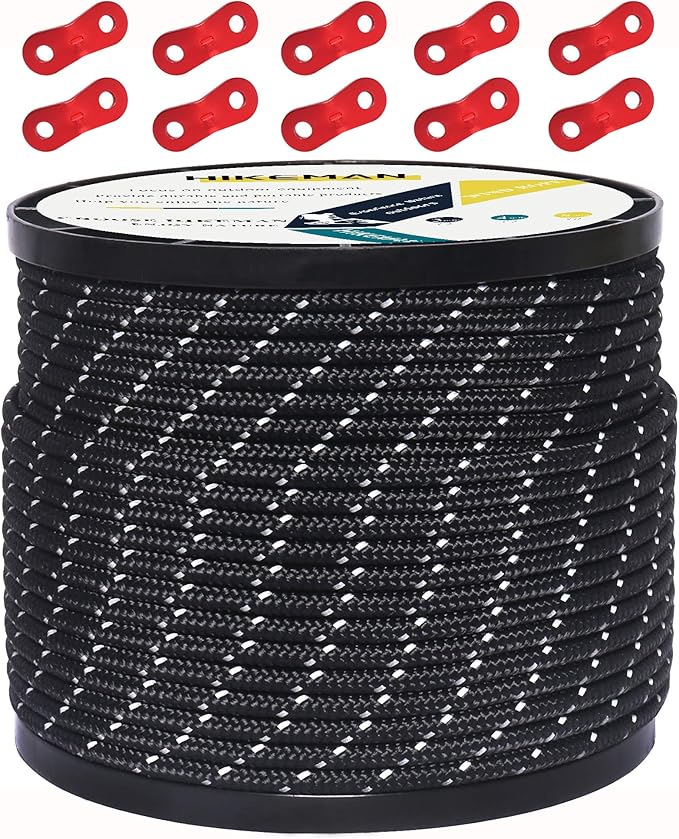 HIKEMAN 50m Reflective Guyline Solid Braid Nylon Camping Rope with Aluminum Adjuster Cord Tensioner Tent Accessory for Outdoor Travel,Hiking,Backpacking and Water Activities (Black, 4mm)