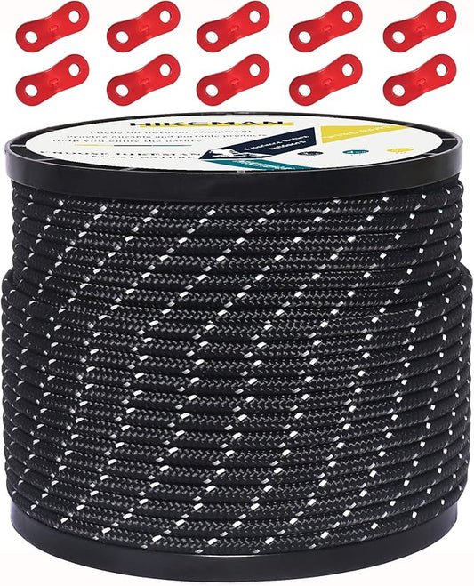 HIKEMAN 50m Reflective Guyline Solid Braid Nylon Camping Rope with Aluminum Adjuster Cord Tensioner Tent Accessory for Outdoor Travel,Hiking,Backpacking and Water Activities (Black, 4mm)