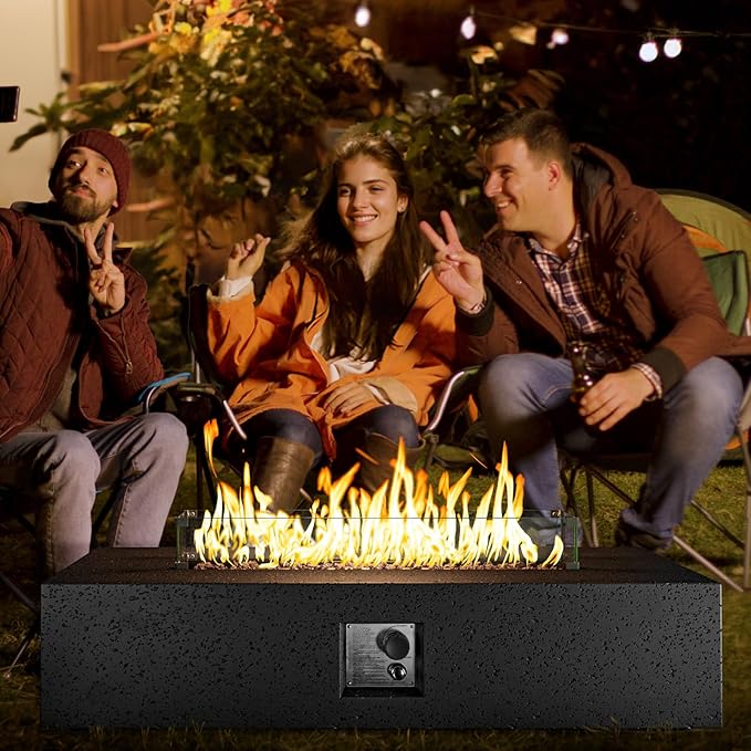 COSIEST 56-inch x 28-inch Outdoor Propane Fire Pit Coffee Table w Concrete Rectangle Base, CSA Certified, 50,000 BTU, Free Lava Rocks and RainCover, Fits 20lb Tank Outside, Wind Guard, Gray