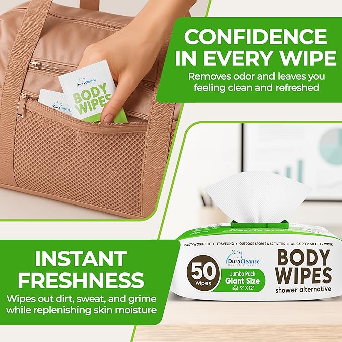 Body Wipes for Women, Extra Moist No Rinse Bathing Sheets (4pk), 200 XL Shower Cloths + 16 Deodorizing Bath Wipes - 9"x12" Travel Size Essentials, Toiletries for Womens Hygiene & Post Workout Cleanup