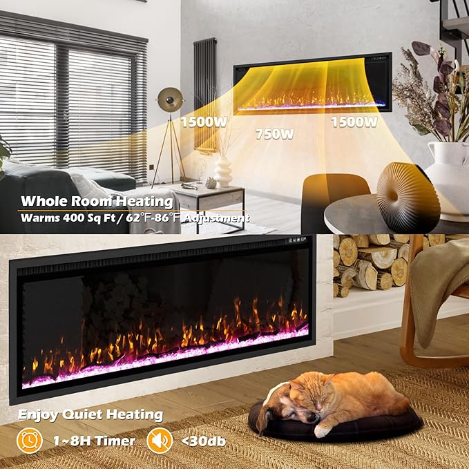 BREEZEHEAT 60 Inch Electric Fireplace-Recessed & Wall Mounted Linear Fireplace-750/1500W Heater w/Temperature Control, Log & Crystal Options, Adjustable Flame, Remote Control