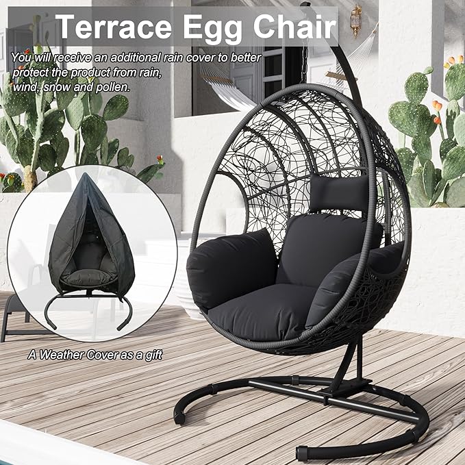Hanging Egg Chair with Stand - Egg Swing Chair Outdoor Indoor Patio Wicker Chair Swing Hammock Egg Chairs 400lbs Capacity for Outside Patio, Bedroom, Garden and Balcony (Grey-nest, 2P)