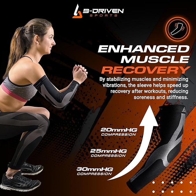 B-Driven Sports Graduated Compression Arm Sleeves, Medical Grade 20-30mmHg, For Baseball, Basketball, and more - 4 Colors