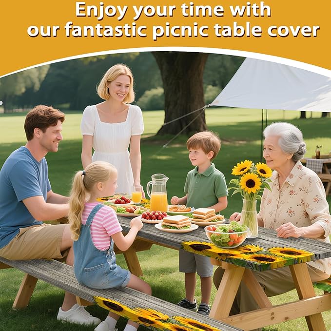 3 Pcs Sunflower Wooden Picnic Table Cover with Bench Covers,6Ft Rustic Sunflower Waterproof Fitted Picnic Table Cloths Retro Wood Texture Elastic Outdoor Picnic Tablecloth for Camping Patio Travel
