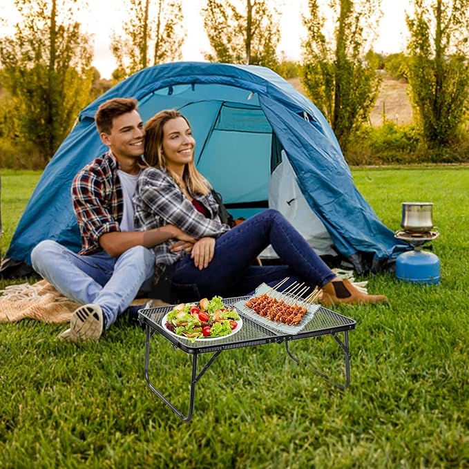 Grill Table Camping Table 2FT Foldable Small Folding Table Low Picnic Table Portable Stand Mesh Outdoor Indoor Card BBQ RV Black 23.6×15.7×9.5 inch