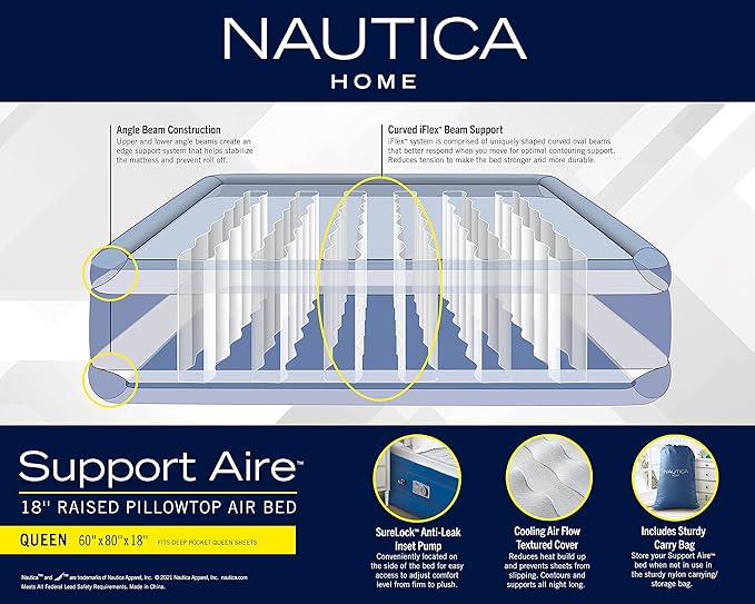 Nautica Home 18" Support Aire Size Queen Cooling Pillow Top with Raised Edge Support, Curved iFlex Beam Construction, Inset Powerful Pump, Puncture Resistant Vinyl, Storage Bag