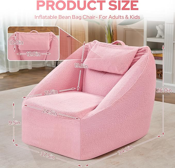 HABUTWAY Inflatable Bean Bag Chairs for Adult Blow up Chair Portable Inflatable Bean Bag Couch w/Electric Air Pump,Handle & Side Pocket for Movie Night Reading Gaming Living Room - Light Pink