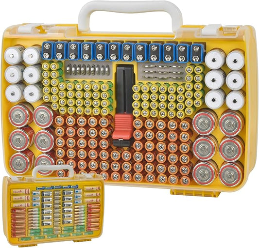 Battery Organizer Storage Holder Case with Double-Sided, Garage Box with Tester Checker. Batteries Container for 269pcs AA AAA AAAA 3A 4A 9V C D Lithium 4LR44 CR2 CR123A CR1632 CR2032 18650 - Yellow