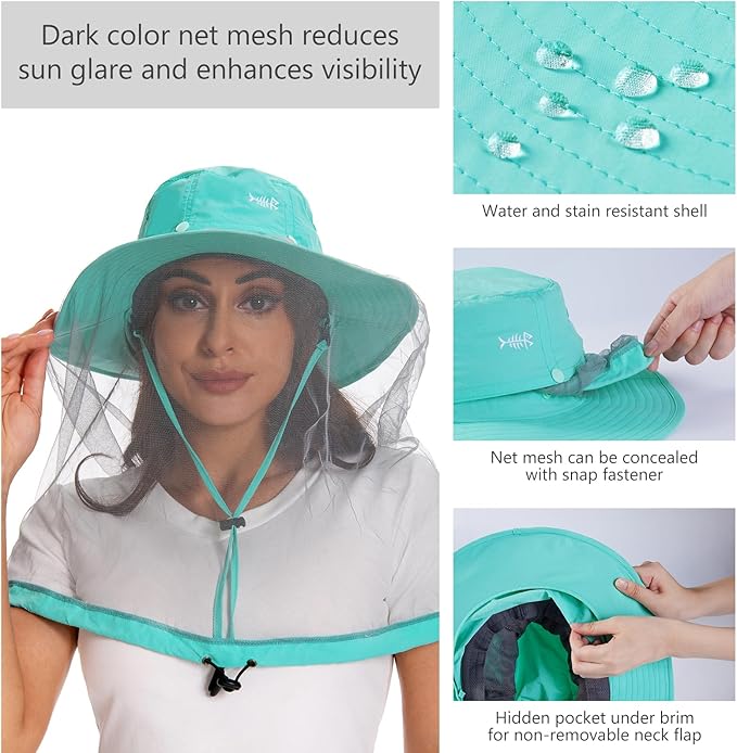 BASSDASH UPF 50+ Mosquito Sun Hat with Hidden Head Net and Neck Flap for Men Women Outdoor Fishing Hiking Camping FH16