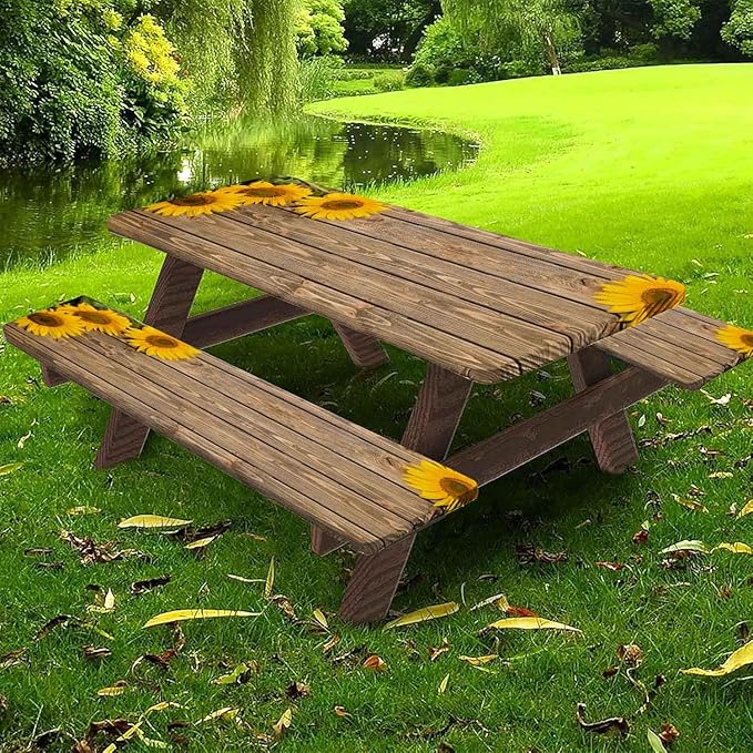 CAPSCEOLL Picnic Table Cover with Bench Covers 8Ft Waterproof Camping Tablecloth All-Weather Outdoor Table Protector with Drawstring Bag for Camping Essentials, 96X30In, Wooden Sunflowers