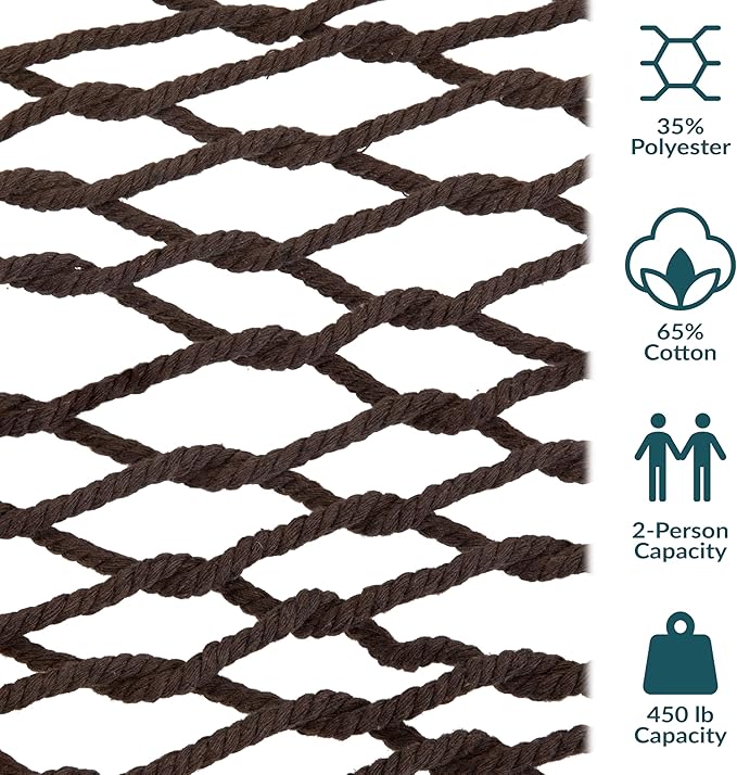 Sunnydaze Cotton Rope Hammock for Outside - 450-Pound Capacity Indoor or Outdoor Hammock with Spreader Bars - Brown