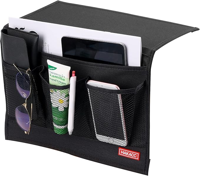 HAKACC Bedside Storage Organizer with Pockets，Bedside Caddy,Remote Control Holder Armchair Couch Caddy Sofa Armrest Bag，bed accessories,Black
