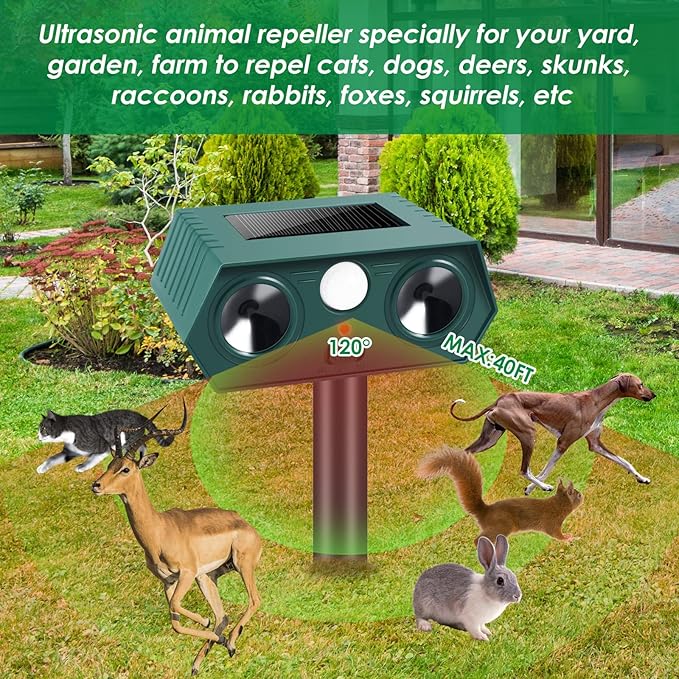 2 Pack Solar Ultrasonic Animal Repellent Outdoor,Deer Repellent Devices Motion Detection,Cat Squirrel Rabbit Repellent for Garden Yard,Waterproof Animal Repeller for Skunk Dog Racoon Rodent