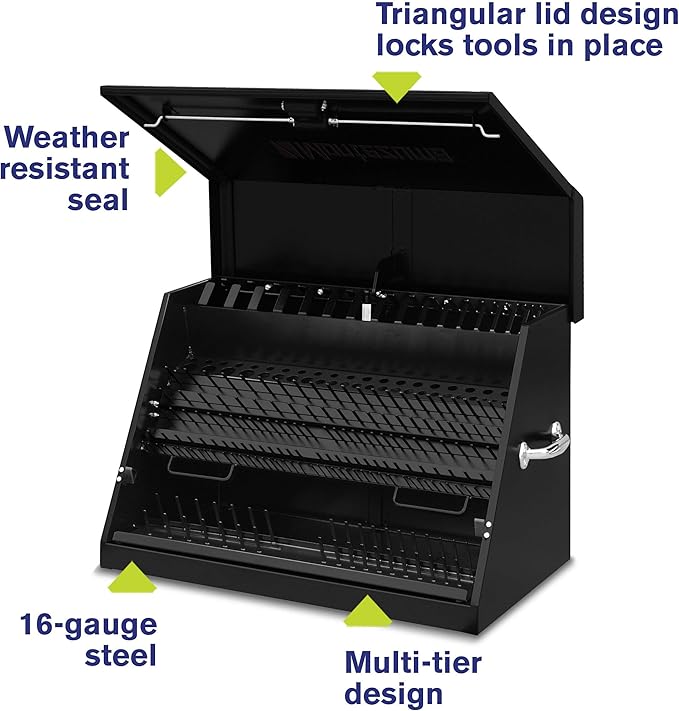 Montezuma – LA400B – 30-Inch Portable TRIANGLE Toolbox – Multi-Tier Design – 16-Gauge Construction – SAE and Metric Tool Chest – Weather-Resistant Toolbox – Lock and Latching System