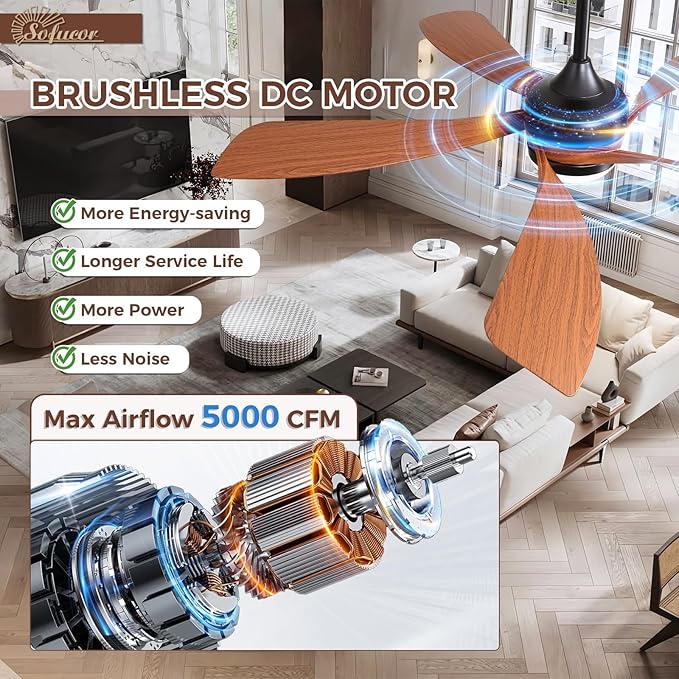 Sofucor 52 Inch Ceiling Fans with Lights and Remote, Outdoor Ceiling Fan with Light 6-Speed 3 CCT 3-Timer, Low Profile Ceiling Fan 5 Blade Reversible DC Motor for Living Room Bedroom Patio