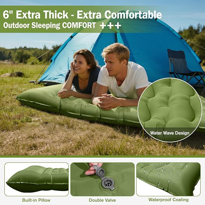 Sleeping Pad for Camping, 6" Extra Thick Camping Mat with Pillow Built-in Foot Pump, Ultra Comfortable Inflatable Sleeping Mat for Backpacking, Hiking, Camp Tent - Enjoy a Comfy Sleep