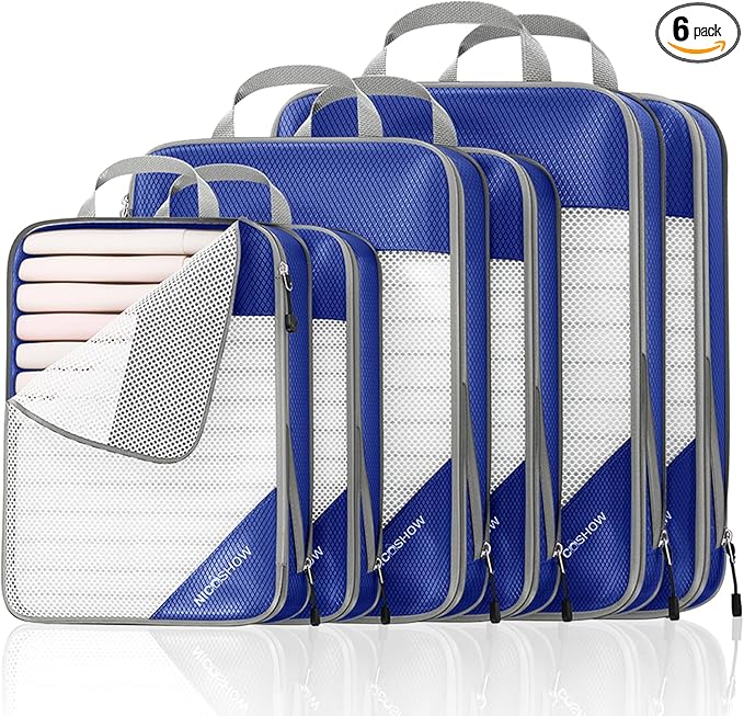 Compression Packing Cubes 6 Set, Compressible Space-Saving Packing Cubes for Travel - Compression Bags, Luggage Organizer, Travel Essentials for Women, Royal Blue