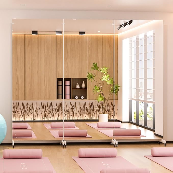 brisafe Home Gym Mirror 360° Swivel on Wheels, 75" X 32" Nano Film Super Lightweight Unbreakable Full Length Mirror for Yoga, Dance Studio, White