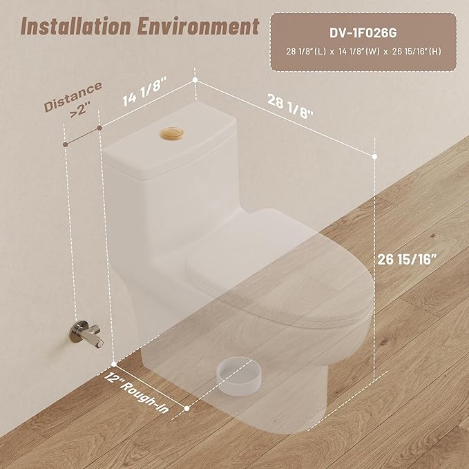 DeerValley DV-1F026-W One Piece Toilet with White Button,12'' Rough-In Standard Bathroom Toilet, Dual Flush 0.8/1.28 GPF Elongated Toilet with Soft Close Seat