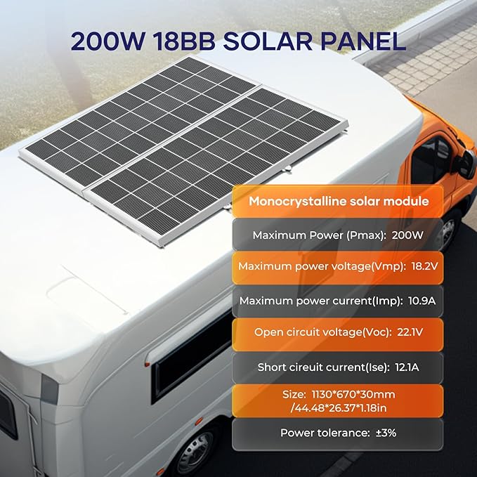 200 Watt Solar Panel 18BB N-Type 200w Solar Panel 12V 24.3% High Efficiency Monocrystalline PV Module for RV Camper Marine Home Rooftop Power Station Off-Grid Systems (200w*2)
