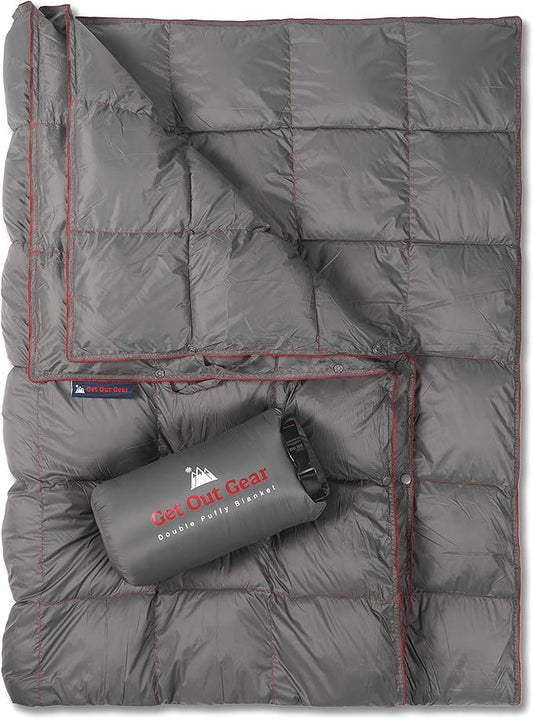 Double Puffy Camping Blanket - Extra Puffy, Packable, Lightweight and Warm | Ideal for Outdoors, Travel, Stadium, Festivals, Beach, Hammock | Water-Resistant Camp Quilt (Gray/Burgundy)