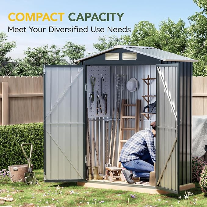 Breezz 5x3FT Vertical Outdoor Steel Storage Shed with Floor Frame, Lockable Doors, Compact Metal Tool Shed for Garden, Backyard, Patio, Utility, and Bike Storage,Nightblue