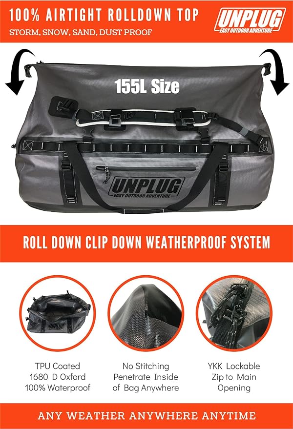UNPLUG Ultimate Adventure Bag | 1680D Heavy Duty Waterproof Bag | Large Travel Duffle Bag which can be Used for Camping, Motorcycling, Boating, or Hunting