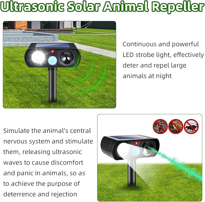 2025 4Pack Ultrasonic Animal Repellent Outdoor Solar Animal Repeller witht Motion Sensor&LED Strober Ligh Cat Deterrent Outdoor Deer Repellent Device to Scare Raccoon Squirrel Skunk Rabbit Fox Dog