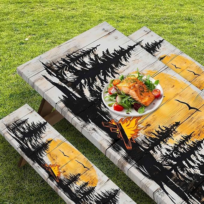 CAPSCEOLL Elastic Picnic Table Cover with Bench Covers 5Ft Waterproof Fitted Picnic Table Cover Cloths for Outdoors Camping Tablecloth with Drawstring Bag, 60X30in, Camping on Wood