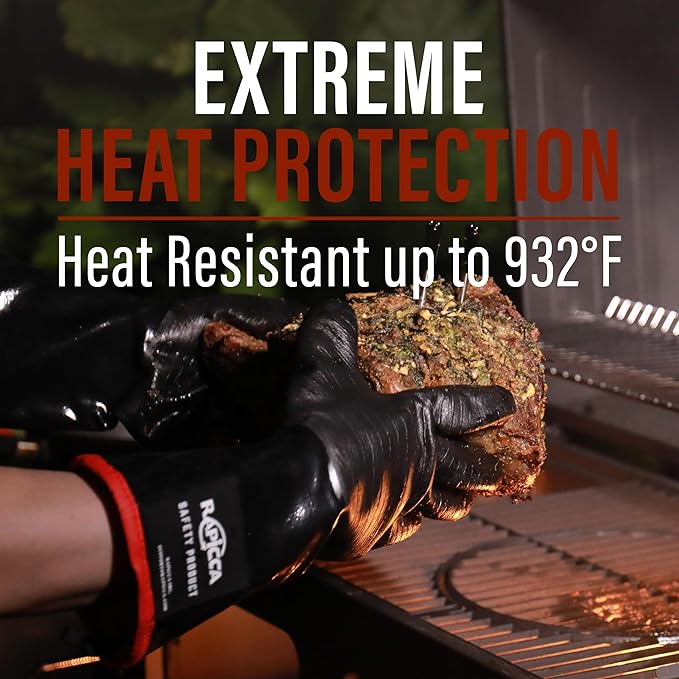 RAPICCA 932°F Heat Resistant BBQ Grill Gloves: Oil Resistant Waterproof for Smoking Grilling Cooking Barbecue Deep Frying Turkey Rotisserie Handling Hot Greacy Meat Stocking Stuffers - Long Sleeve