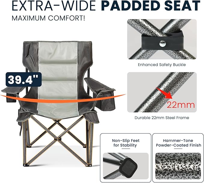 6 Pack Oversized Folding Camping Chair for Adults, Supports 500 LBS Camping Chairs, Outdoor Lawn Chairs for Adults, Portable Chairs for Camping, Beach, Fishing, Hiking, Gray