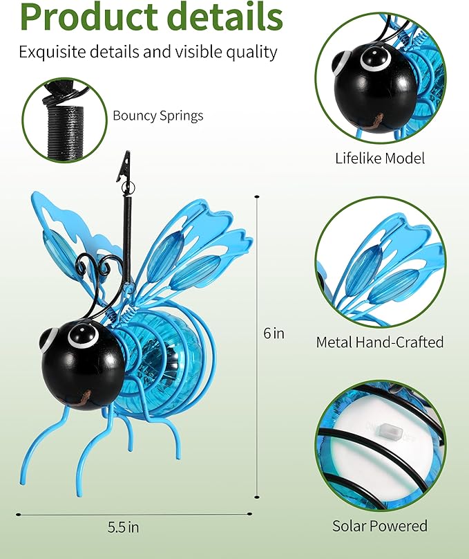 iStatue Solar Hanging Metal Butterfly Light - Weather Resistant Decorative Lights with Bouncy Springs for Garden and Patio - Spring Summer Decorations (Blue)