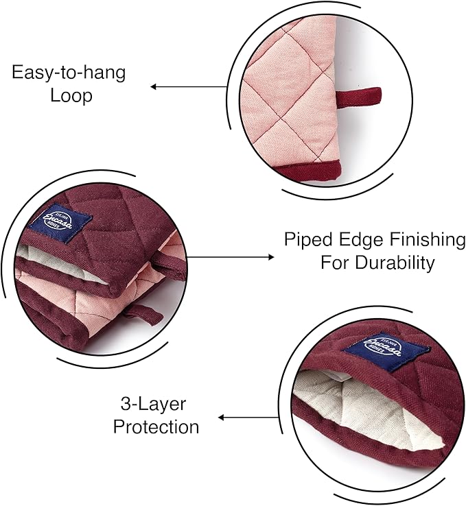 Encasa XO Heat Resistant Cotton Oven Gloves Mitts (2 Pc Set) - Quilted & Safe 12x7 in - for Kitchen, Cooking & Baking, Grilling, Handling Hot Pots & Pans - Maroon
