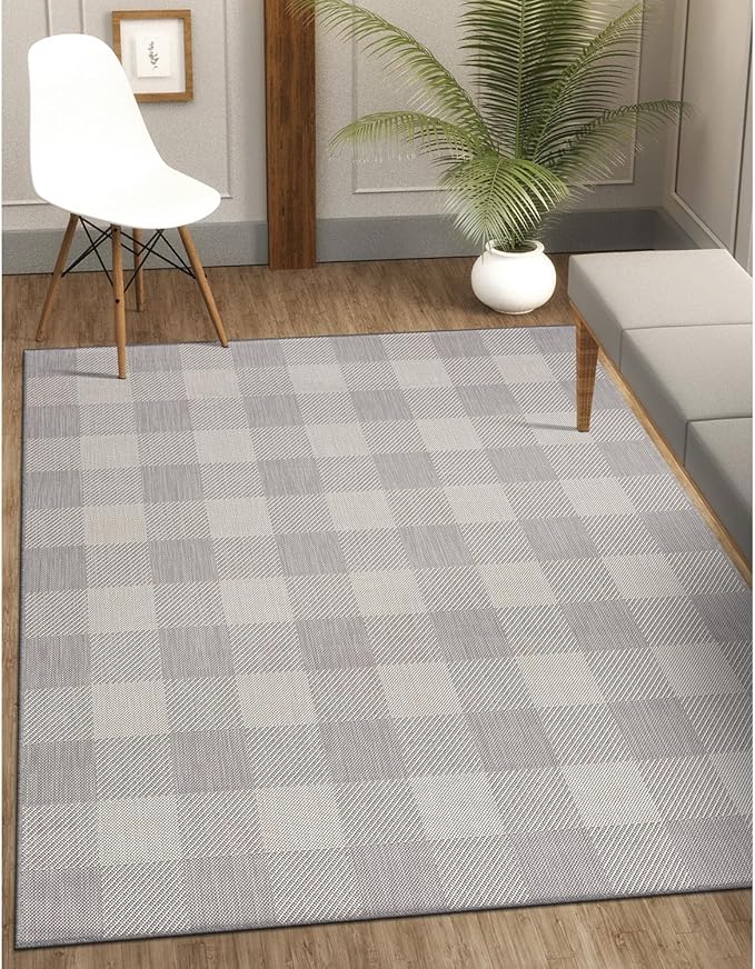 CAMILSON Outdoor Rug - Modern Area Rugs for Indoor and Outdoor Patios, Kitchen and Hallway mats - Easy Cleaning Non Shedding Washable Outside Carpet (5x7, Buffalo - Grey/White)