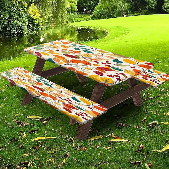 CAPSCEOLL Fitted Picnic Table Cover with Bench Covers with Elastic 6Ft Waterproof Camping Picnic Table Cover Cloths for Outdoors Camping Tablecloth with Drawstring Bag, 72X30in, Fall Leaves