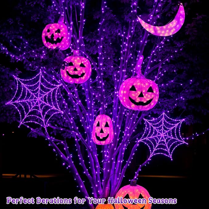 Halloween Solar String Lights, Extra-Long 2 Pack 144FT 400LED Super Bright Solar Fairy Lights Outdoor, 8 Modes Waterproof Copper Wire Twinkle light for Garden Tree Party Halloween Decorations (Purple)