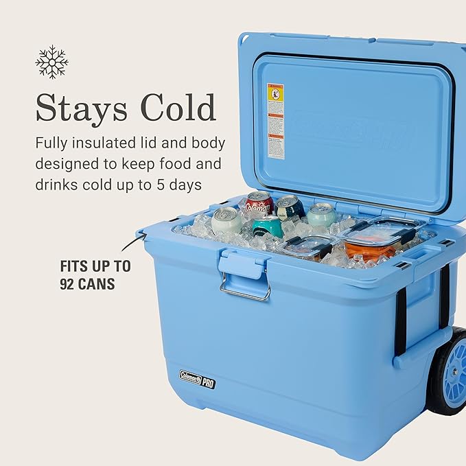 Coleman Pro Heavy-Duty 55qt Wheeled Ultra-Light Premium Hard Cooler, Extra-Thick Insulation Keeps Ice up to 5 Days, 92-Can Capacity, Heavy-Duty Wheels
