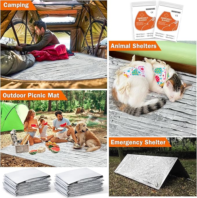 8 Pack Emergency Mylar Blankets, Survival Thermal Blanket for Rescue, First Aid Silver Foil Blanket Bulk, Safety Winter Heat Reflective Aluminum Blankets for Hiking, Camping, Marathons Outdoor