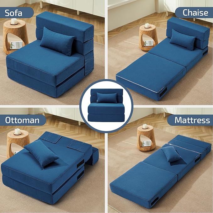 Folding Sofa Bed with Pillow- Convertible Chair Floor Couch & Sleeping Mattress, Foldable Memory Foam Sleeper for Living Room/Dorm/Guest Room/Home Office/Apartment/Loft, Single28, Navy Blue
