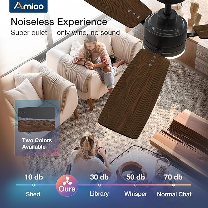Amico Ceiling Fans with Lights, 52 Inch Ceiling Fan with Light and Remote Control, Black Fan, Reversible, 3CCT, Dimmable, Noiseless, Ceiling Fan for Bedroom, Indoor/Outdoor Use