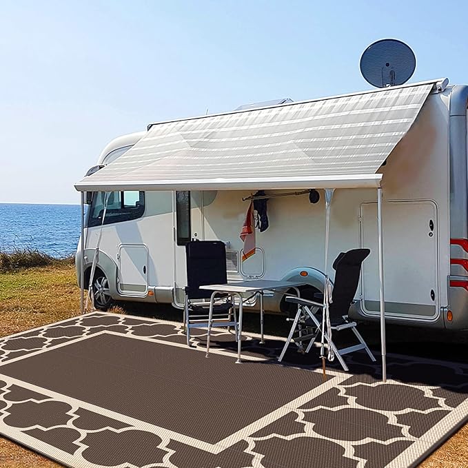 GENIMO 10 ' x 14 ' Outdoor Rug Waterproof for Patio Decor, Foldable Reversible Plastic Straw Area Rugs Mat for Camper, Outside Carpet for Rv, Deck, Porch, Picnic, Beach, Balcony, Coffee & Beige