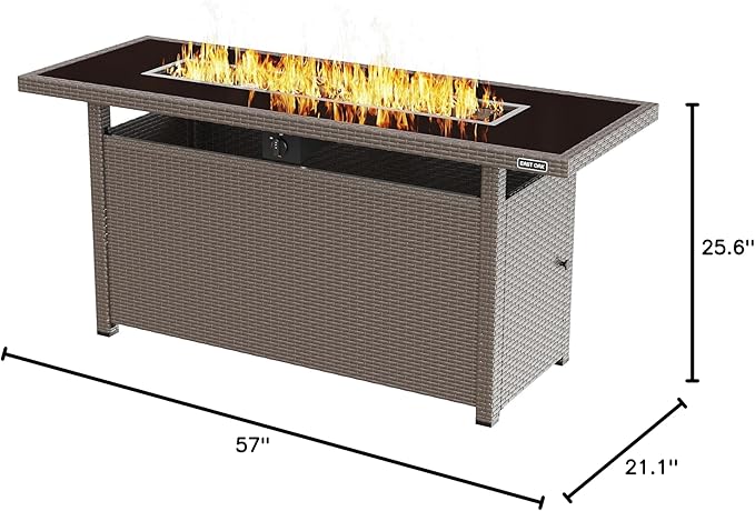 EAST OAK 57" Gas Fire Pit Table, 60,000 BTU Propane Fire Pit w/Large Tempered Glass Desktop, CSA Certified Outdoor Patio Fire Table with 9.2lb Glass Stone & Removable Lid, Chocolaty Coffee