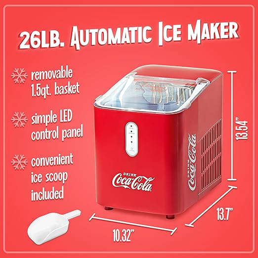 Coca-Cola Automatic Ice Maker, Self- Cleaning, Countertop Size, 26 Pounds in 24 Hours, 9 Large or Small Ice Cubes in 7 Minutes, LED Control Panel, Scoop Included, Perfect for Water Bottles