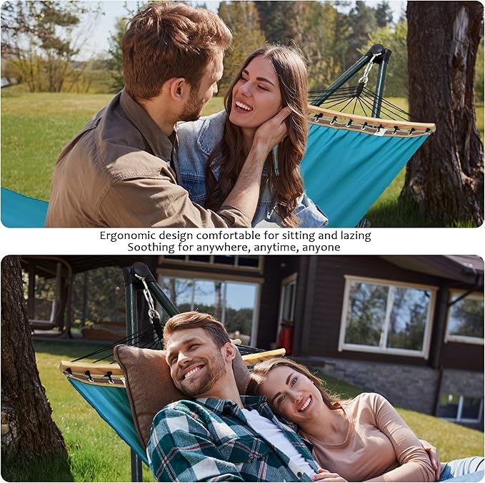 Tranquillo Canvas Hammock with Stand Heavy-Duty, Hammock Quick Fold Unfold Steel Frame Hammock, Portable Hammock Stand Spreader Bar, 600 lbs Capacity Portable Relaxation Gear, Blue