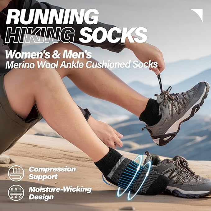 6 Pairs Merino Wool Ankle Running Hiking Socks Compression Support Breathable Thick Cushion No Show Socks for Women Men