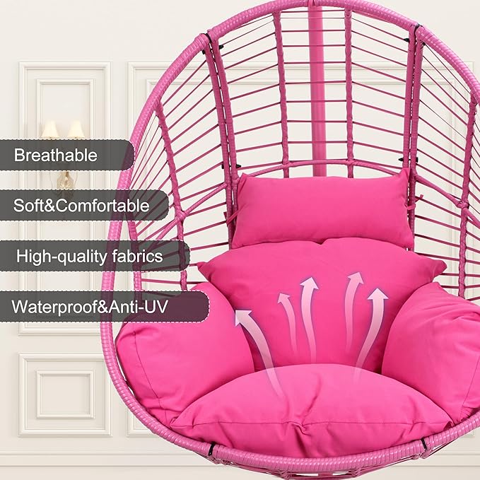 Oversized Hanging Egg Chair Outdoor Indoor, Wicker Swing Egg Chair with Stand 400lbs Capacity for Bedroom, Patio, Garden and Balcony (Pink-Regular, Oversize)